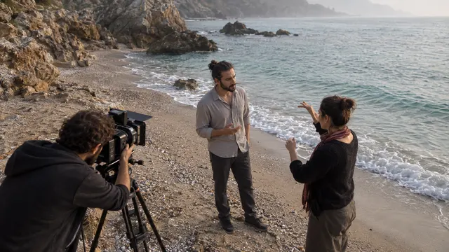 Sade bir odada kamera karşısında kısa bir film sahnesine hazırlanan, elindeki metni inceleyen oyuncu adayı