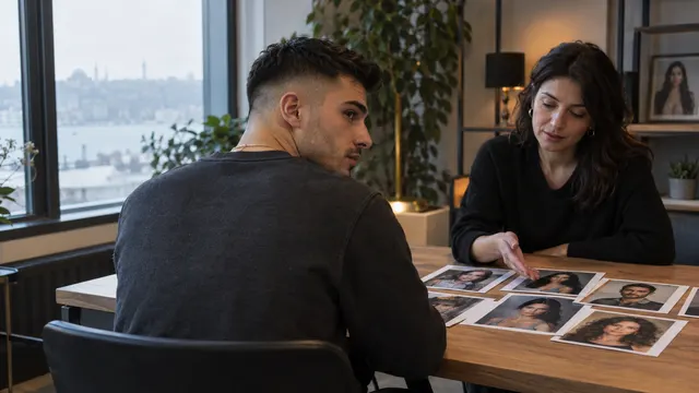 Cast ajansı görüşmesinde adayın doğal portre fotoğraflarını inceleyen ve başvuru sürecini anlatan ekip