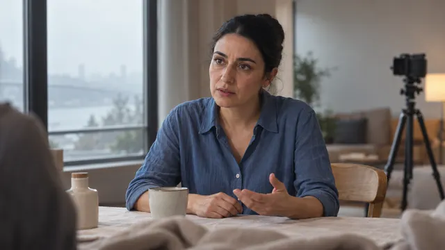 Pencere ışığı alan sade bir odada telefon kamerası karşısında deneme çekimine hazırlanan yetişkin oyuncu adayı