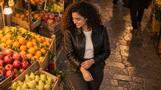 Deri ceketin omuz çizgisini, fermuarını ve kol kesimini gösteren, sade fonda poz veren katalog modeli