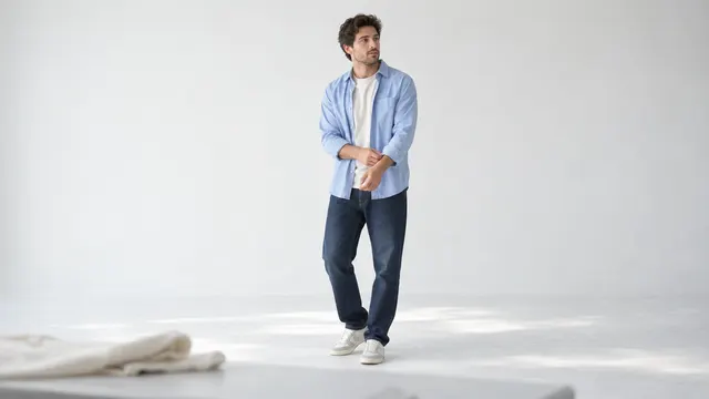Genç giyim katalog çekiminde sade bir üst ve pantolonla kamera karşısında doğal biçimde poz veren model