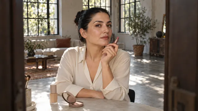 Makyaj ürünü katalog fotoğrafı için sade fonda poz veren modelin yüzünü ve dudak rengini gösteren yakın plan