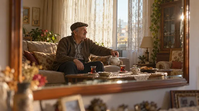 Bireysel emeklilik reklamı setinde mutfak masasında sohbet eden orta yaşlı çift ve çekime hazırlanan kamera ekibi