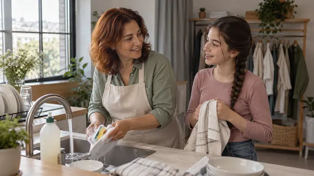 Mutfak dekorunda bulaşık deterjanı reklamındaki anne rolünü canlandıran, elinde tabak tutan kadın oyuncu