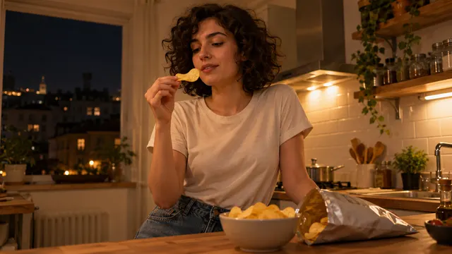 Reklam çekimi setinde bir kase cips etrafında sohbet eden, günlük kıyafetli genç oyunculardan oluşan arkadaş grubu