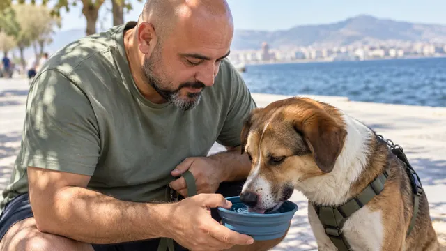 Ev ortamındaki reklam setinde bir köpeğin yanında oturan ve elindeki evcil hayvan oyuncağını ona uzatan oyuncu