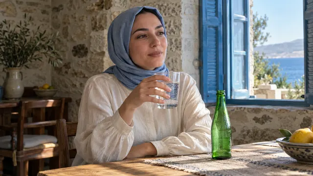 Maden suyu reklamı çekiminde yemek masasında sohbet eden, şişe ve bardaklarla doğal hareketler yapan oyuncular