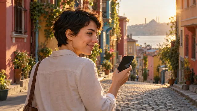 Mobil uygulama reklamı setinde telefon ekranına bakarak doğal bir tepki veren oyuncu ve çekime hazırlanan ekip