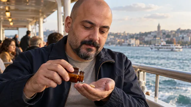 Vitamin reklamı setinde kahvaltı masasında ürün kutusunu tutan oyuncu ve sahneyi hazırlayan çekim ekibi